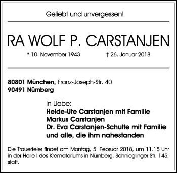 Traueranzeige von Wolf Carstanjen von Gesamtausgabe Nürnberger Nachrichten/ Nürnberger Ztg.