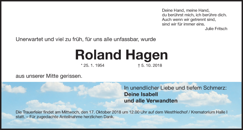  Traueranzeige für Roland Hagen vom 13.10.2018 aus Gesamtausgabe Nürnberger Nachrichten/ Nürnberger Ztg.