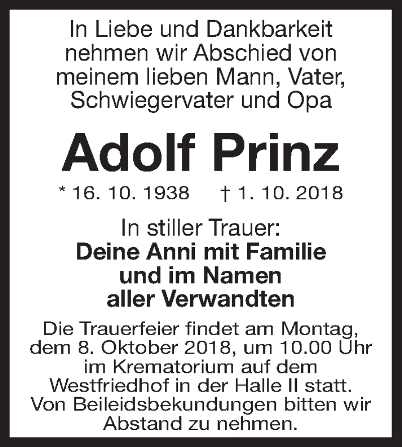  Traueranzeige für Adolf Prinz vom 03.10.2018 aus Gesamtausgabe Nürnberger Nachrichten/ Nürnberger Ztg.