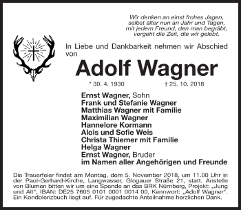 Traueranzeige von Adolf Wagner von Gesamtausgabe Nürnberger Nachrichten/ Nürnberger Ztg.
