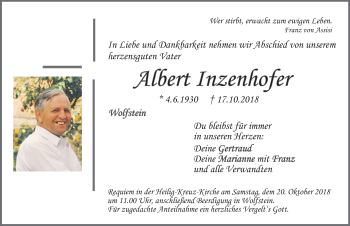 Traueranzeige von Albert Inzenhofer von Neumarkter Nachrichten Lokal