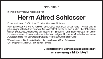 Traueranzeige von Alfred Schlosser von Roth-Hilpoltsteiner Volkszeitung Lokal