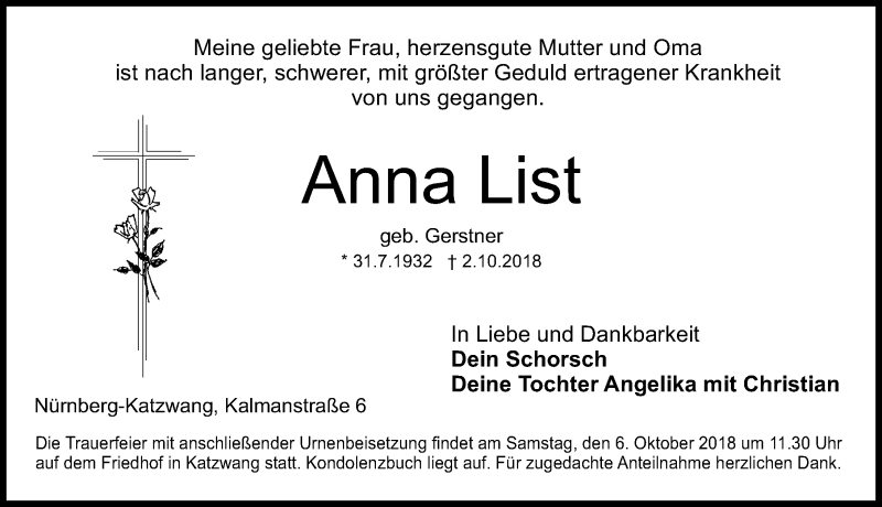  Traueranzeige für Anna List vom 05.10.2018 aus Schwabach