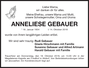 Traueranzeige von Anneliese Gebauer von Gesamtausgabe Nürnberger Nachrichten/ Nürnberger Ztg.