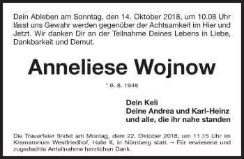 Traueranzeige von Anneliese Wojnow von Gesamtausgabe Nürnberger Nachrichten/ Nürnberger Ztg.