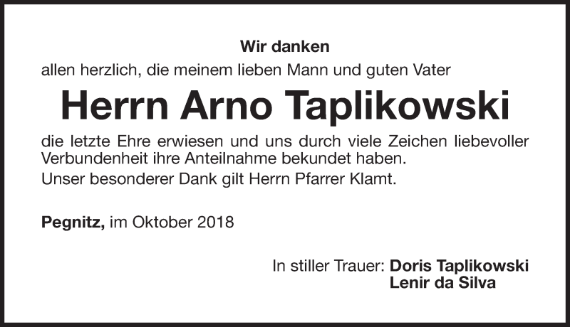  Traueranzeige für Arno Taplikowski vom 20.10.2018 aus Nordbayerische Nachrichten Pegnitz Lokal
