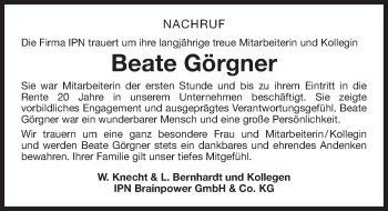 Traueranzeige von Beate Görgner von Gesamtausgabe Nürnberger Nachrichten/ Nürnberger Ztg.