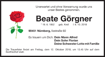 Traueranzeige von Beate Görgner von Gesamtausgabe Nürnberger Nachrichten/ Nürnberger Ztg.