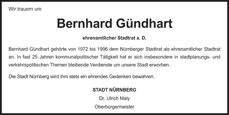  Traueranzeige für Bernhard Gündhart vom 05.10.2018 aus Gesamtausgabe Nürnberger Nachrichten/ Nürnberger Ztg.