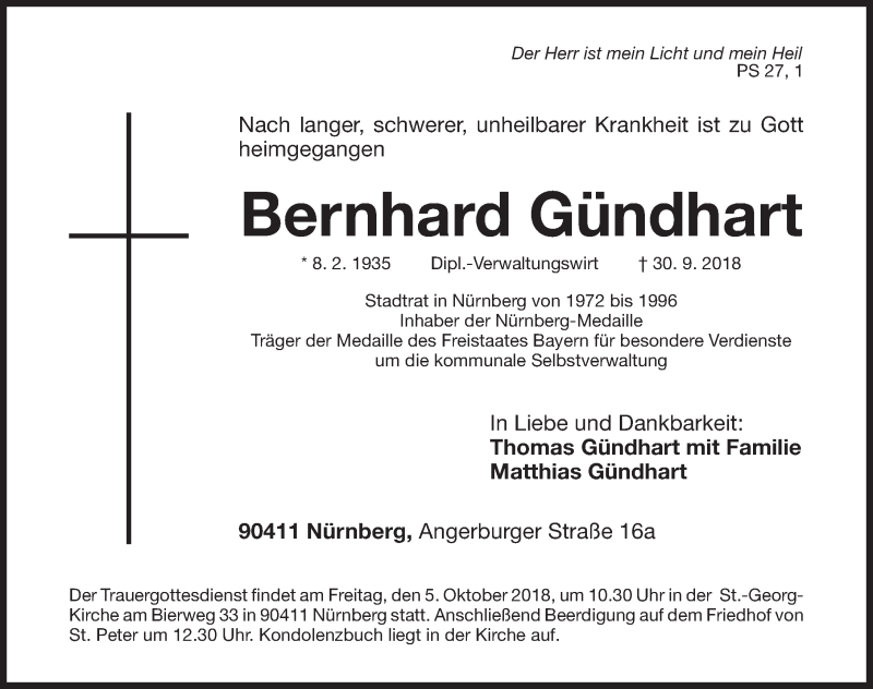  Traueranzeige für Bernhard Gündhart vom 03.10.2018 aus Gesamtausgabe Nürnberger Nachrichten/ Nürnberger Ztg.