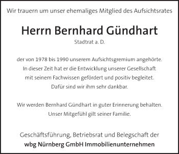 Traueranzeige von Bernhard Gündhart von Gesamtausgabe Nürnberger Nachrichten/ Nürnberger Ztg.
