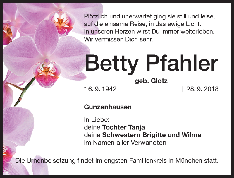  Traueranzeige für Betty Pfahler vom 05.10.2018 aus Altmühl-Bote Lokal