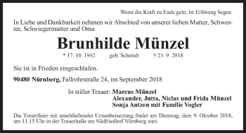 Traueranzeige von Brunhilde Münzel von Gesamtausgabe Nürnberger Nachrichten/ Nürnberger Ztg.