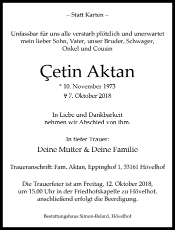 Traueranzeige von Cetin Aktan von Neue Westfälische