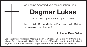 Traueranzeige von Dagmar Lukas von Gesamtausgabe Nürnberger Nachrichten/ Nürnberger Ztg.