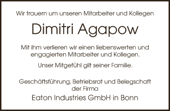 Traueranzeige von Dimitri Agapow von Neue Westfälische
