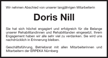 Traueranzeige von Doris Nill von Gesamtausgabe Nürnberger Nachrichten/ Nürnberger Ztg.