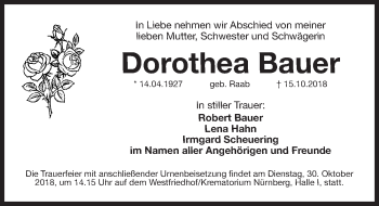 Traueranzeige von Dorothea Bauer von Gesamtausgabe Nürnberger Nachrichten/ Nürnberger Ztg.