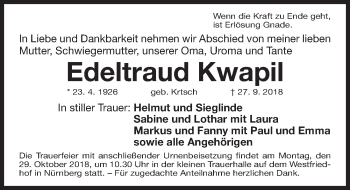 Traueranzeige von Edeltraud Kwapil von Gesamtausgabe Nürnberger Nachrichten/ Nürnberger Ztg.