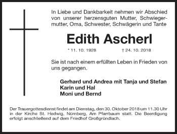 Traueranzeige von Edith Ascherl von Gesamtausgabe Nürnberger Nachrichten/ Nürnberger Ztg.
