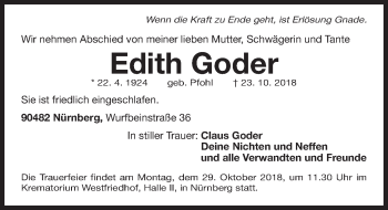 Traueranzeige von Edith Goder von Gesamtausgabe Nürnberger Nachrichten/ Nürnberger Ztg.