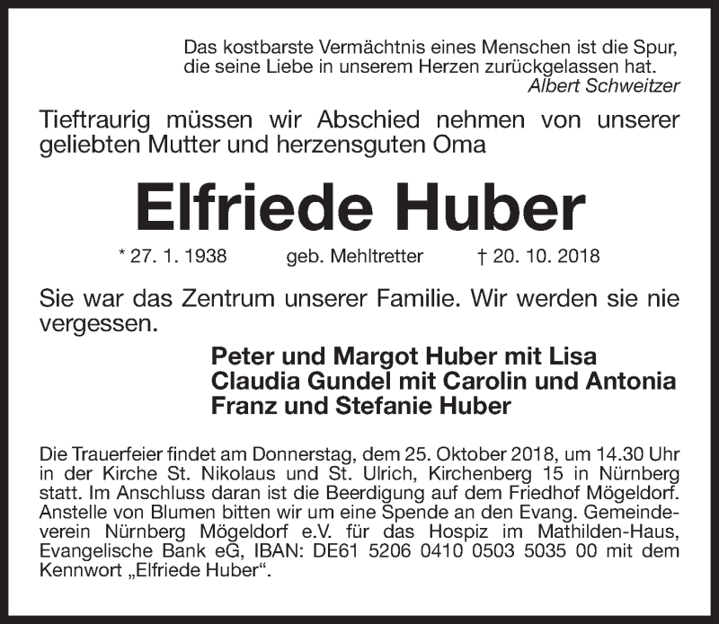  Traueranzeige für Elfriede Huber vom 24.10.2018 aus Gesamtausgabe Nürnberger Nachrichten/ Nürnberger Ztg.