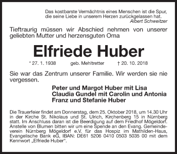 Traueranzeige von Elfriede Huber von Gesamtausgabe Nürnberger Nachrichten/ Nürnberger Ztg.