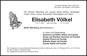 Traueranzeige von Elisabeth Völkel von Gesamtausgabe Nürnberger Nachrichten/ Nürnberger Ztg.