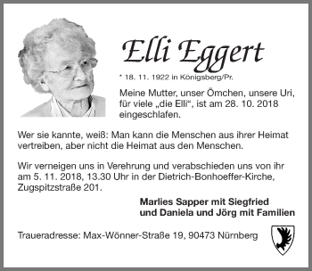 Traueranzeige von Elli Eggert von Gesamtausgabe Nürnberger Nachrichten/ Nürnberger Ztg.