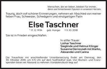 Traueranzeige von Else Taschner von Gesamtausgabe Nürnberger Nachrichten/ Nürnberger Ztg.