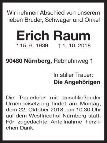 Traueranzeige von Erich Raum von Gesamtausgabe Nürnberger Nachrichten/ Nürnberger Ztg.