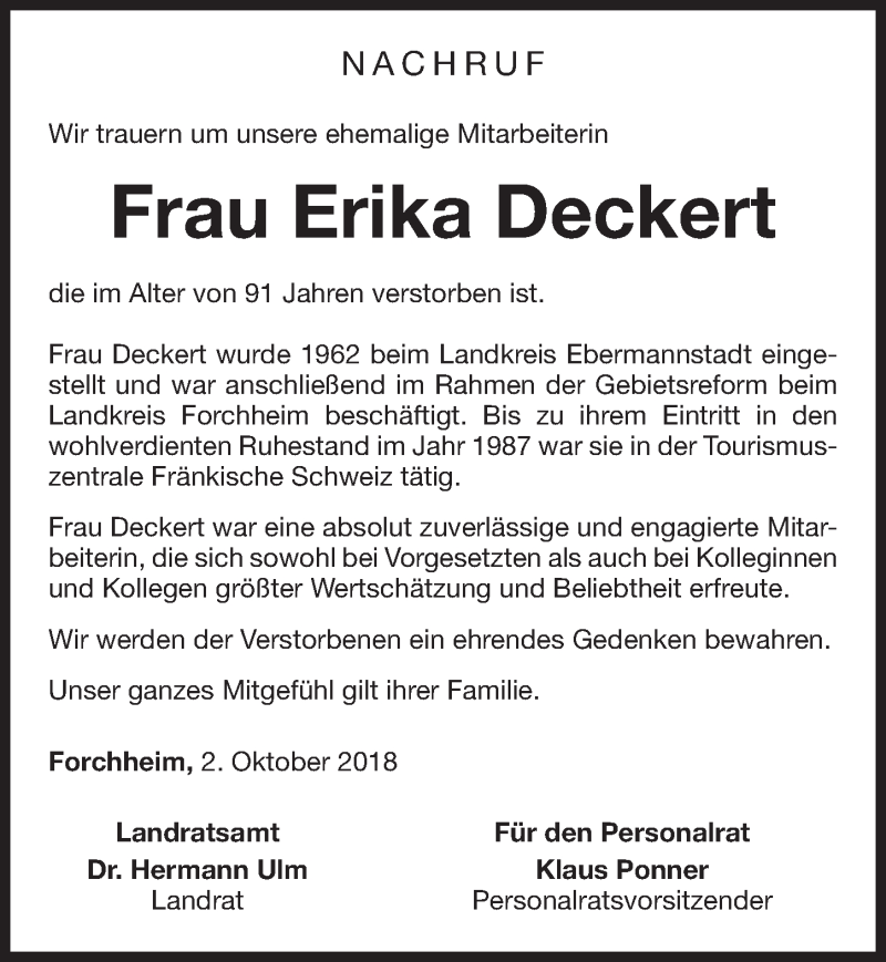  Traueranzeige für Erika Deckert vom 03.10.2018 aus Nordbayerische Nachrichten Forchheim Lokal