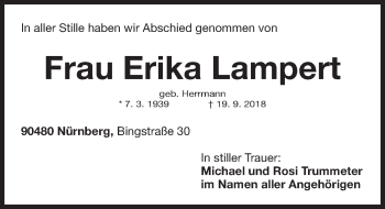 Traueranzeige von Erika Lampert von Gesamtausgabe Nürnberger Nachrichten/ Nürnberger Ztg.