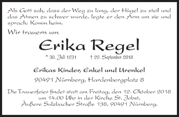Traueranzeige von Erika Regel von Gesamtausgabe Nürnberger Nachrichten/ Nürnberger Ztg.