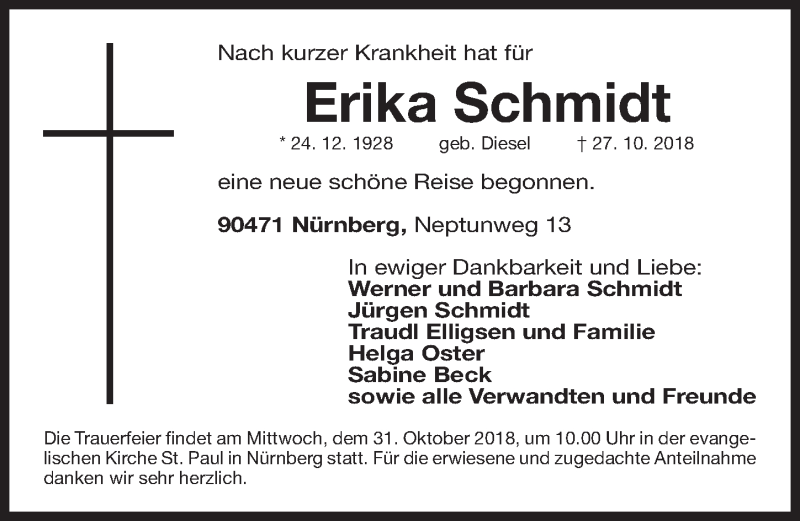  Traueranzeige für Erika Schmidt vom 30.10.2018 aus Gesamtausgabe Nürnberger Nachrichten/ Nürnberger Ztg.