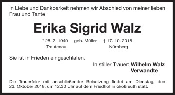 Traueranzeige von Erika Sigrid Walz  von Gesamtausgabe Nürnberger Nachrichten/ Nürnberger Ztg.
