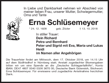 Traueranzeige von Erna Schlüsemeyer von Gesamtausgabe Nürnberger Nachrichten/ Nürnberger Ztg.
