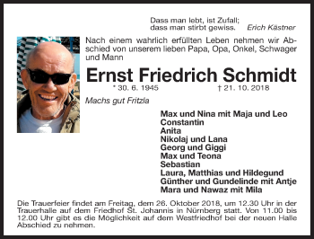 Traueranzeige von Ernst-Friedrich Schmidt von Gesamtausgabe Nürnberger Nachrichten/ Nürnberger Ztg.