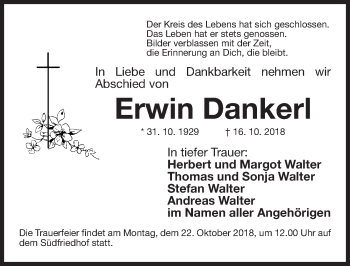 Traueranzeige von Erwin Dankerl von Gesamtausgabe Nürnberger Nachrichten/ Nürnberger Ztg.