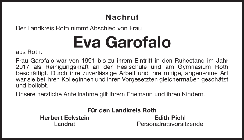  Traueranzeige für Eva Garofalo vom 31.10.2018 aus Roth-Hilpoltsteiner Volkszeitung Lokal