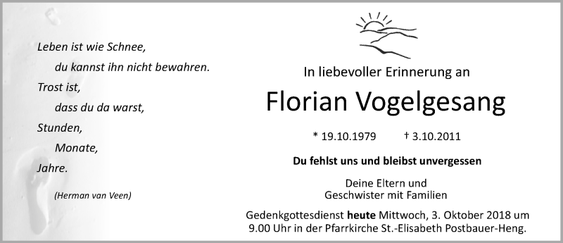  Traueranzeige für Florian Vogelgesang vom 03.10.2018 aus Neumarkter Nachrichten Lokal