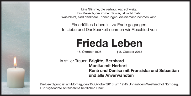  Traueranzeige für Frieda Leben vom 13.10.2018 aus Gesamtausgabe Nürnberger Nachrichten/ Nürnberger Ztg.