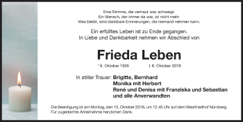 Traueranzeige von Frieda Leben von Gesamtausgabe Nürnberger Nachrichten/ Nürnberger Ztg.