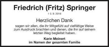 Traueranzeige von Friedrich Springer von Gesamtausgabe Nürnberger Nachrichten/ Nürnberger Ztg.