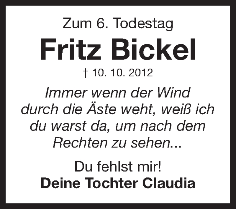  Traueranzeige für Fritz Bickel vom 10.10.2018 aus Roth-Hilpoltsteiner Volkszeitung Lokal