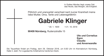 Traueranzeige von Gabriele Klinger von Gesamtausgabe Nürnberger Nachrichten/ Nürnberger Ztg.