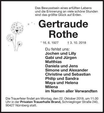 Traueranzeige von Gertraude Rothe von Gesamtausgabe Nürnberger Nachrichten/ Nürnberger Ztg.