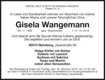 Traueranzeige von Gisela Wangemann von Gesamtausgabe Nürnberger Nachrichten/ Nürnberger Ztg.