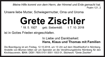 Traueranzeige von Grete Zischler von Gesamtausgabe Nürnberger Nachrichten/ Nürnberger Ztg.