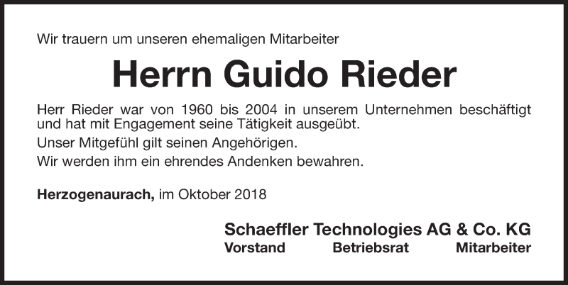  Traueranzeige für Guido Rieder vom 19.10.2018 aus Nordbayerische Nachrichten Herzogenaurach Lokal